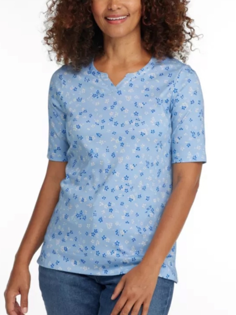 LL Bean Women's Pima Cotton Notch Neck Elbow Sleeve in Lake Ditsy Shirt NWT